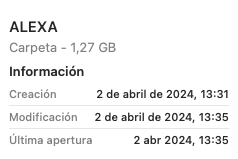 Panel de información de macOS mostrando la carpeta ALEXA con 1,27 GB de datos