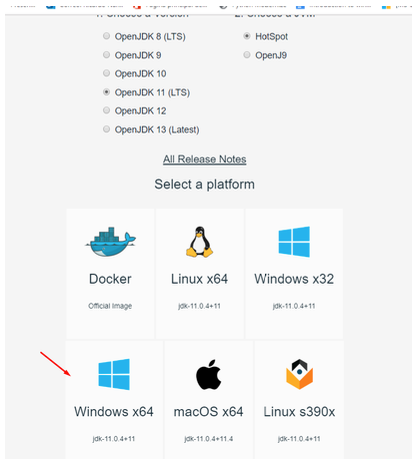 Página de descarga de AdoptOpenJDK 11 con flecha señalando la opción Windows x64