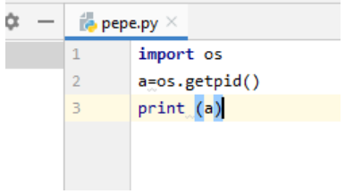 Editor de PyCharm con el script pepe.py que imprime el PID obtenido con os.getpid