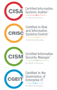 Insignias circulares de las certificaciones CISA, CRISC, CISM y CGEIT de ISACA