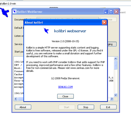 Ventana Acerca de Kolibri mostrando la versión 2.0 del servidor web