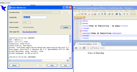 Kolibri WebServer y Notepad++ mostrando el código HTML index.htm y la página demo