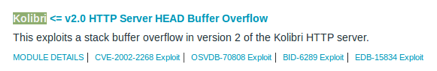 Página de exploit-db sobre el desbordamiento de búfer HEAD del servidor Kolibri 2.0