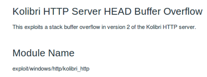 Detalle del módulo Metasploit exploit/windows/http/kolibri_http para el desbordamiento de Kolibri