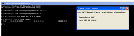 Consola de Windows con netstat mostrando el puerto 8080 en escucha junto a HTTP Tunnel