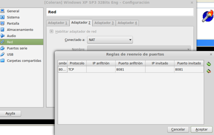 Configuración de red de VirtualBox con reglas de reenvío del puerto TCP 8081