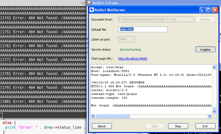 Terminal con errores 404 repetidos junto al registro del servidor Kolibri WebServer