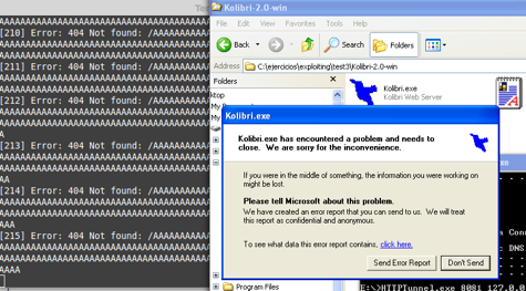 Explorador de Windows con el icono Kolibri.exe y el diálogo de fallo del programa