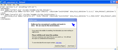 Bloc de notas con el archivo sd85_appcompat.txt y el diálogo de error de Kolibri.exe superpuesto