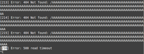 Terminal mostrando errores 404 seguidos del mensaje Error 500 read timeout que provoca el fallo