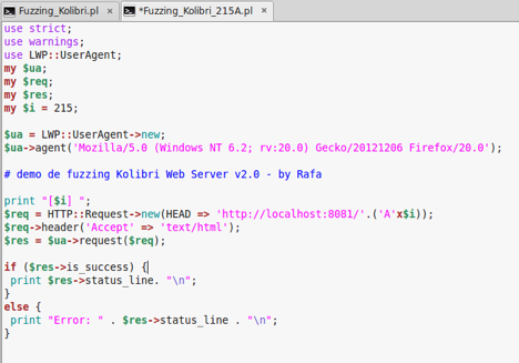 Editor con las pestañas Fuzzing_Kolibri.pl y Fuzzing_Kolibri_215A.pl mostrando el valor fijo 215