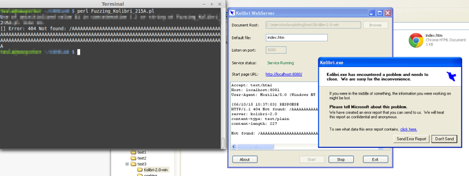 Terminal ejecutando Fuzzing_Kolibri_215A.pl junto al diálogo de fallo de Kolibri WebServer