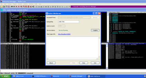 Immunity Debugger adjunto al proceso Kolibri.exe junto a la ventana de Kolibri WebServer