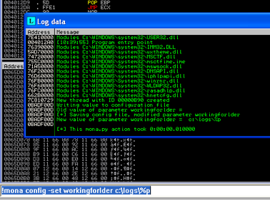 Registro de Immunity Debugger con los módulos cargados y el comando mona config workingfolder