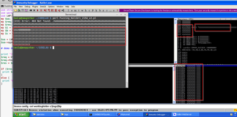 Immunity Debugger mostrando una violación de acceso tras enviar el patrón de fuzzing AAAABBBBCCCC