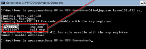 Consola cmd ejecutando findjmp sobre kernel32.dll y hallando tres direcciones jmp esp