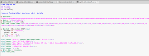 Código Perl del exploit usando IO::Socket::INET para conectar y enviar la petición GET