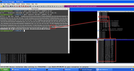 Immunity Debugger muestra los registros sobrescritos con la cadena de A tras el exploit