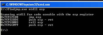 Consola cmd con findjmp escaneando ntdll.dll y listando cuatro direcciones jmp o push esp-ret
