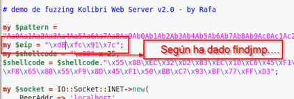 Código Perl con la dirección EIP del jmp esp hallada con findjmp anotada en rojo