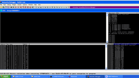 Immunity Debugger con el registro mostrando la cadena calc.exe tras la ejecución del shellcode