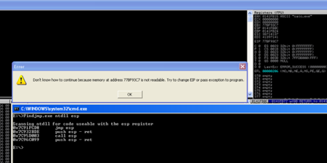 Ventana de error de Immunity Debugger por memoria no legible en la dirección 77BF93C7
