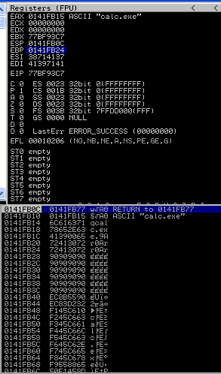 Panel de registros FPU de Immunity Debugger con la cadena calc.exe en la pila