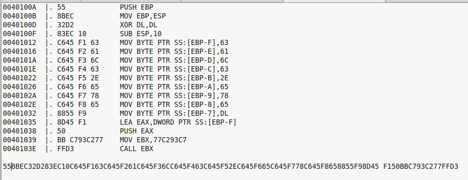 Desensamblado construyendo la cadena calc.exe byte a byte antes de la llamada a EBX