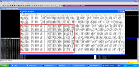 Ventana de Immunity Debugger listando módulos con banderas ASLR, Rebase y SafeSEH