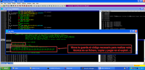 Log de mona.py en Immunity Debugger con nota sobre guardar el código del egg hunter