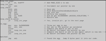 Código ensamblador comentado del egg hunter explicando la búsqueda de la etiqueta página a página