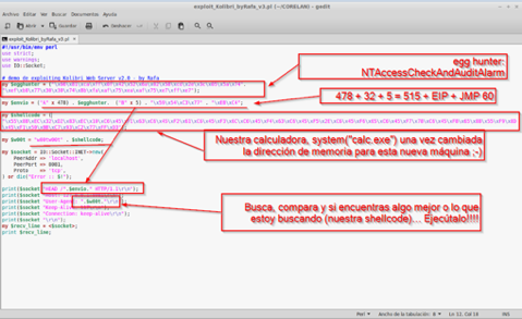Código del exploit Kolibri en Perl anotado explicando el egg hunter NTAccessCheckAndAuditAlarm