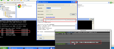Explorador de Windows, panel de configuración de Kolibri WebServer y terminal con error HTTP 404