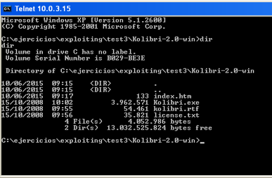 Sesión telnet mostrando el listado de directorio de Kolibri-2.0-win con kolibri.exe y license.txt