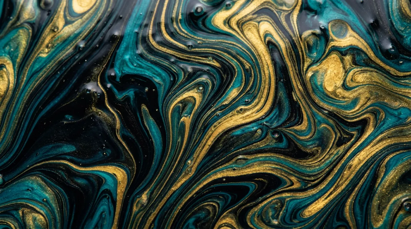 Ilustración abstracta de pintura fluida en tonos verde azulado, negro y dorado para la noticia: El FBI avisa de que FortiBleed sigue activa y ya deja a administradores fuera de sus cortafuegos Fortinet