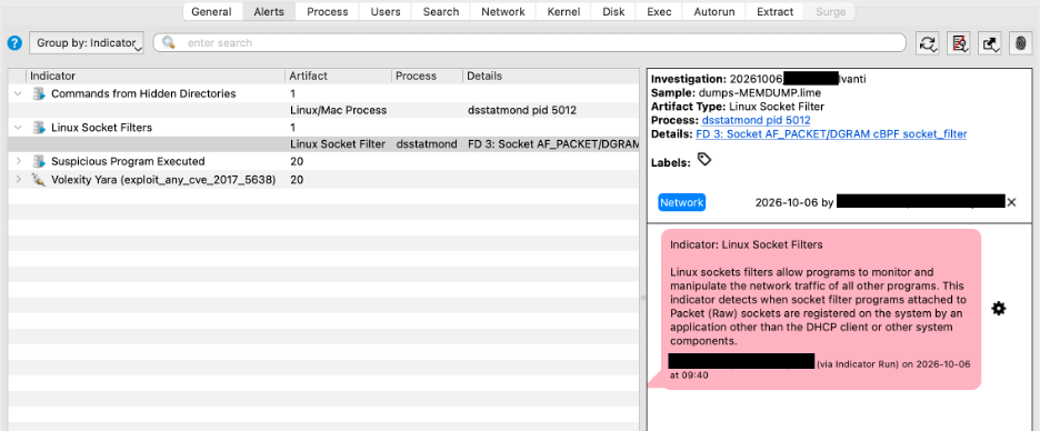 Pestaña de alertas de Volexity Volcano en el appliance Ivanti Connect Secure comprometido, con el proceso dsstatmond capturando tráfico y ejecutándose desde un directorio oculto