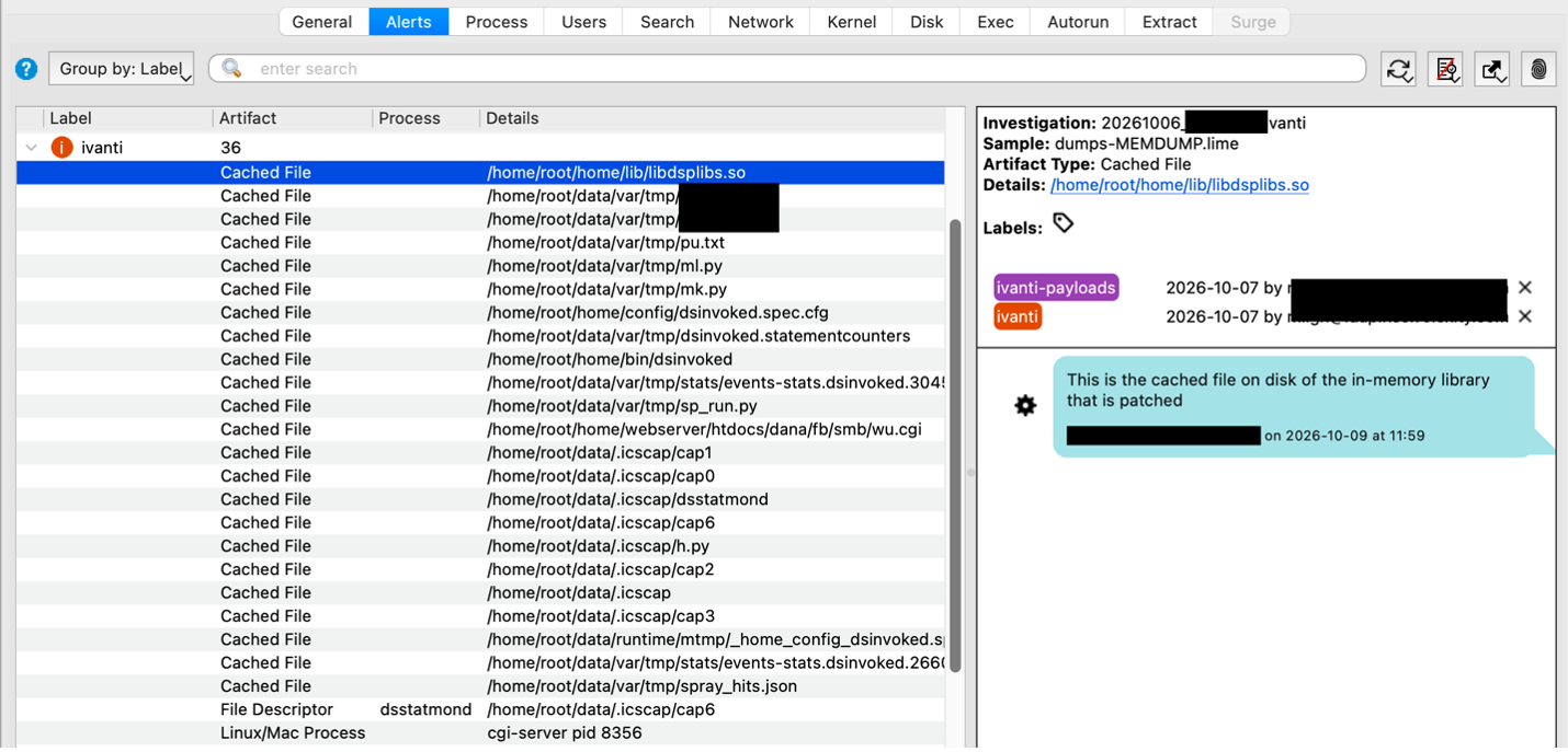 Ficheros recuperados de memoria por Volexity Volcano en el Ivanti Connect Secure atacado: scripts de Python, ficheros JSON de salida y capturas PCAP de dsstatmond