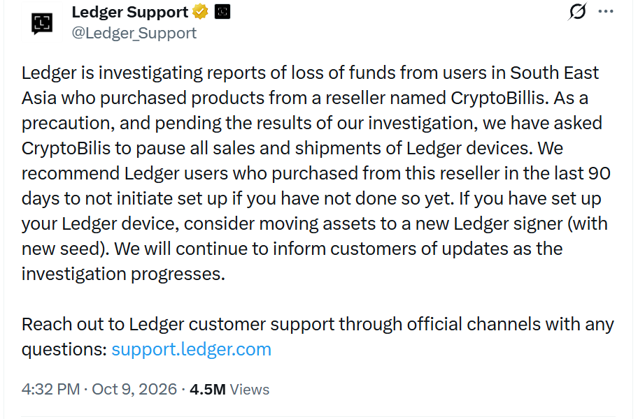 Publicación de Ledger Support en X del 9 de octubre de 2026 sobre la investigación de pérdidas de fondos con CryptoBilis