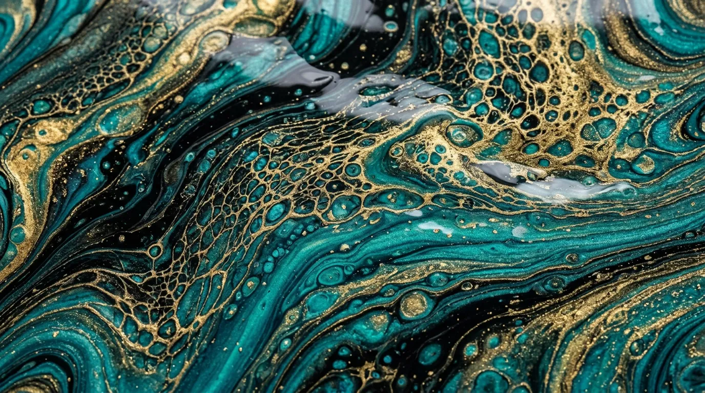 Ilustración abstracta de pintura fluida en tonos verde azulado, negro y dorado para la noticia: Microsoft tumba YAM Store, red de phishing con mil millones de mensajes