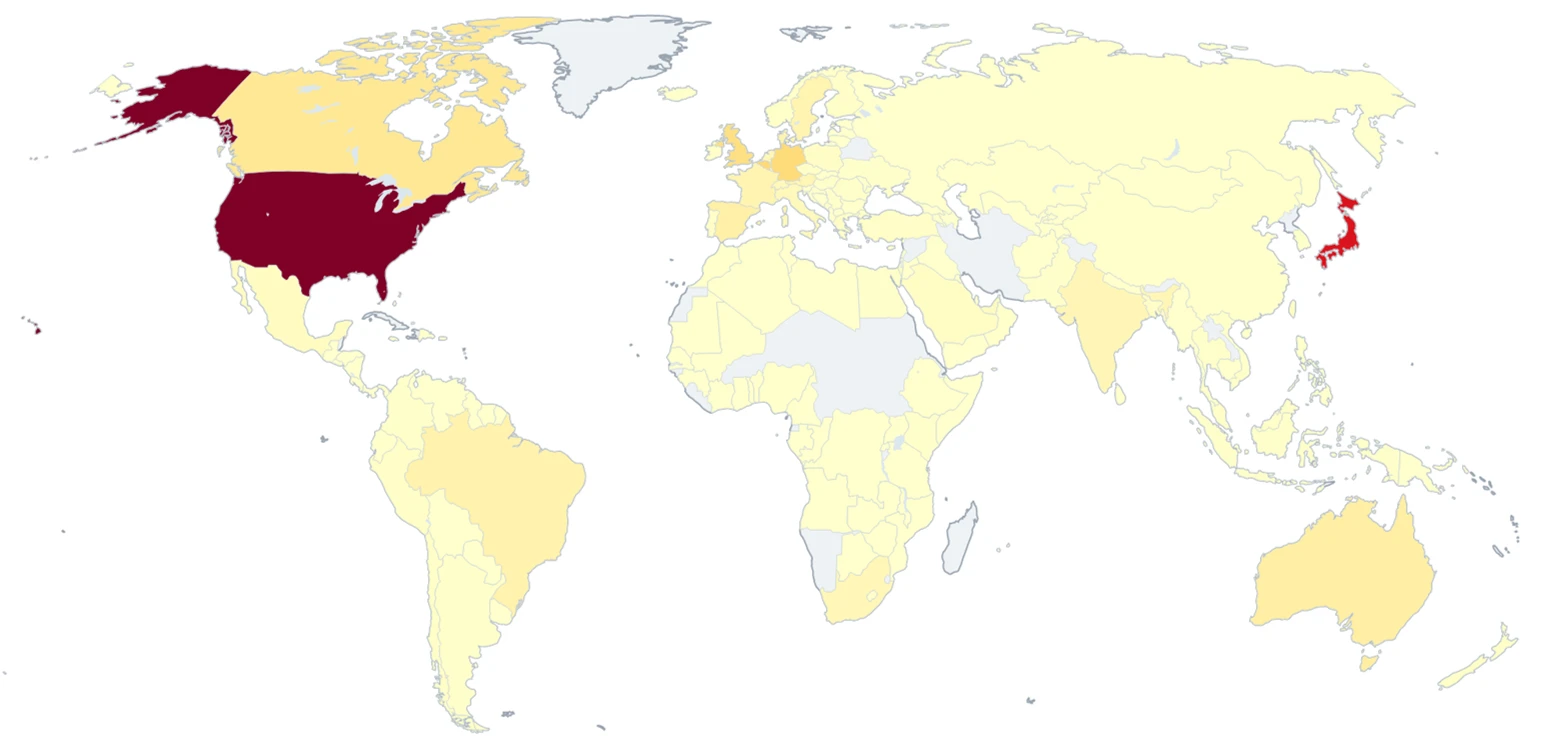 Mapa de calor de Microsoft Threat Intelligence con los países más afectados por los kits de phishing de Storm-2990, con Estados Unidos y Japón a la cabeza