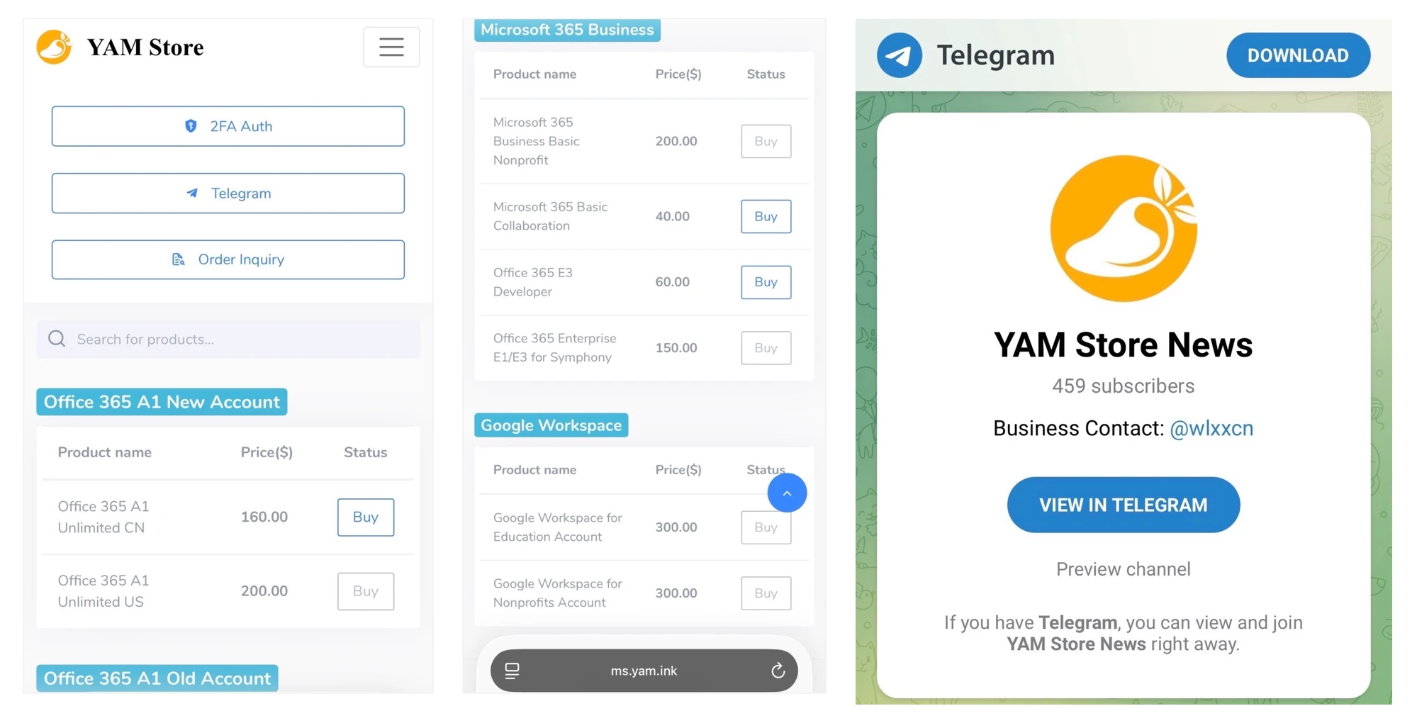 Captura de la tienda YAM Store con el catálogo de cuentas de Microsoft 365 y Google Workspace a la venta y su canal de contacto en Telegram