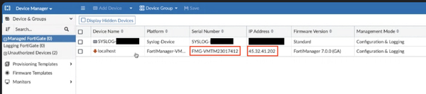 Consola de FortiManager con el dispositivo FortiGate no autorizado localhost registrado por UNC5820 durante la explotación de CVE-2024-47575