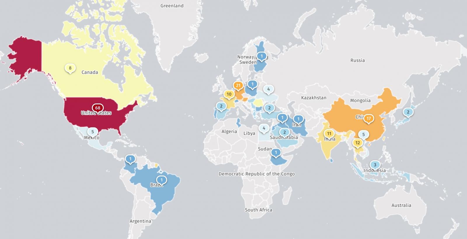 Mapa de Shadowserver con los equipos Cisco Secure Email Gateway expuestos a Internet por país, con Estados Unidos a la cabeza y dos en España