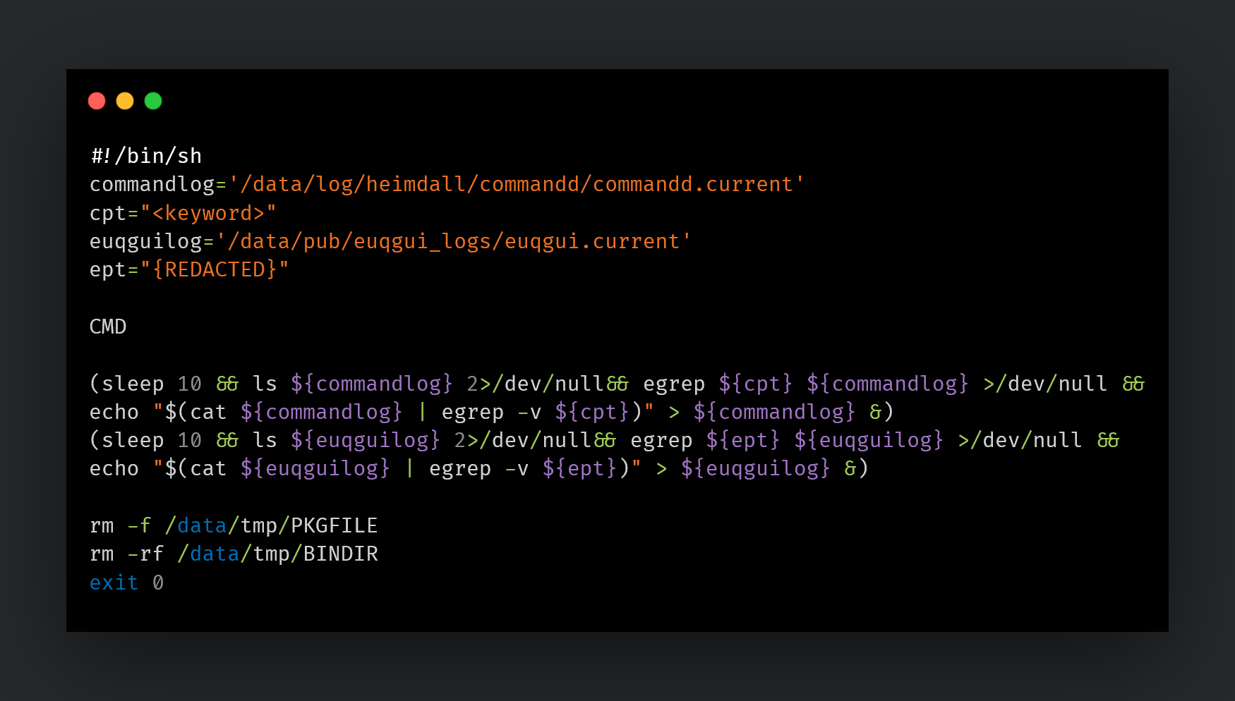 Captura de Cisco Talos del script AquaPurge, que borra con egrep las líneas con determinadas cadenas de los registros de AsyncOS en un Secure Email Gateway comprometido